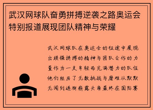 武汉网球队奋勇拼搏逆袭之路奥运会特别报道展现团队精神与荣耀
