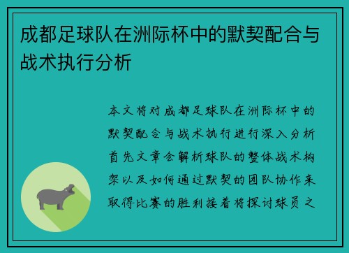成都足球队在洲际杯中的默契配合与战术执行分析